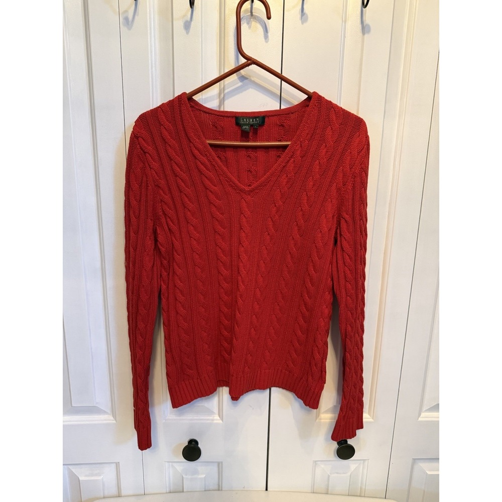 Lauren Ralph‎ Lauren Women's L Red Cable Knit Cotton V-Neck Sweater Preppy